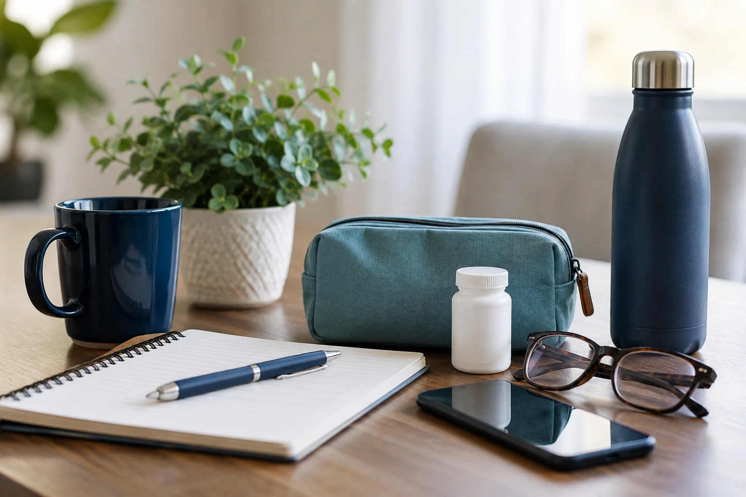 Notebook and pen, glasses, phone, white bottle and pouch on a table with a mug, water bottle and plant.