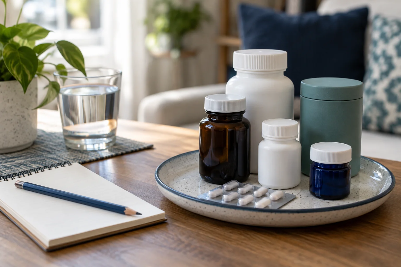 Several bottles, capsules, and tablets on a tray beside a glass of water and a notebook.