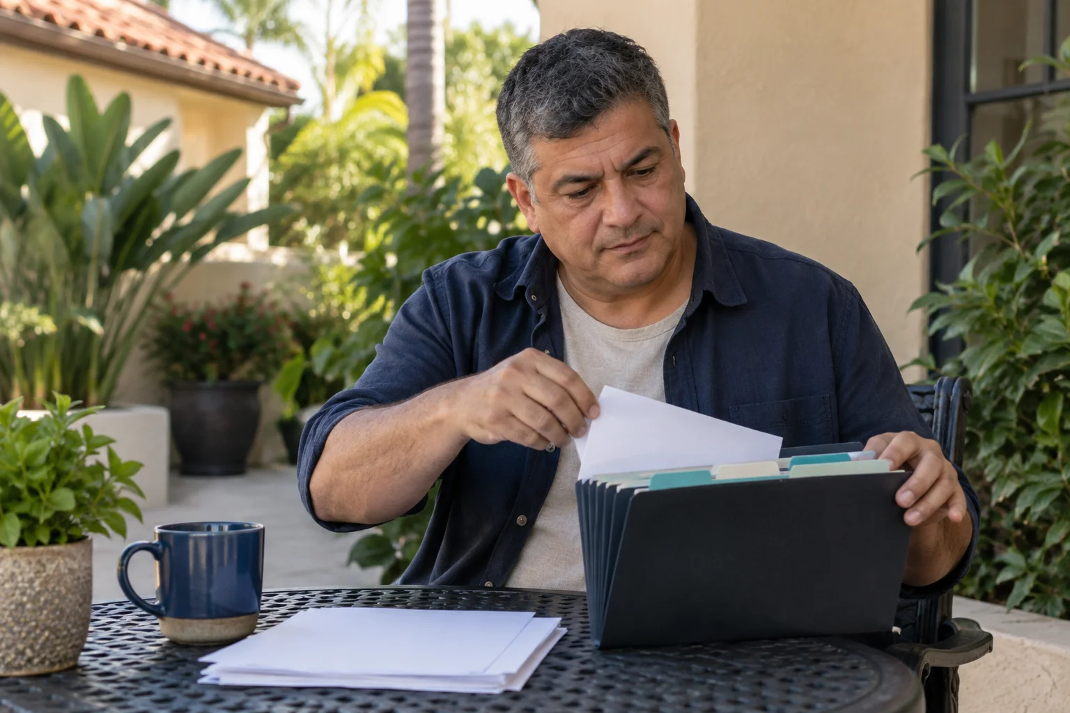 Man sorting papers in a file folder at an outdoor table