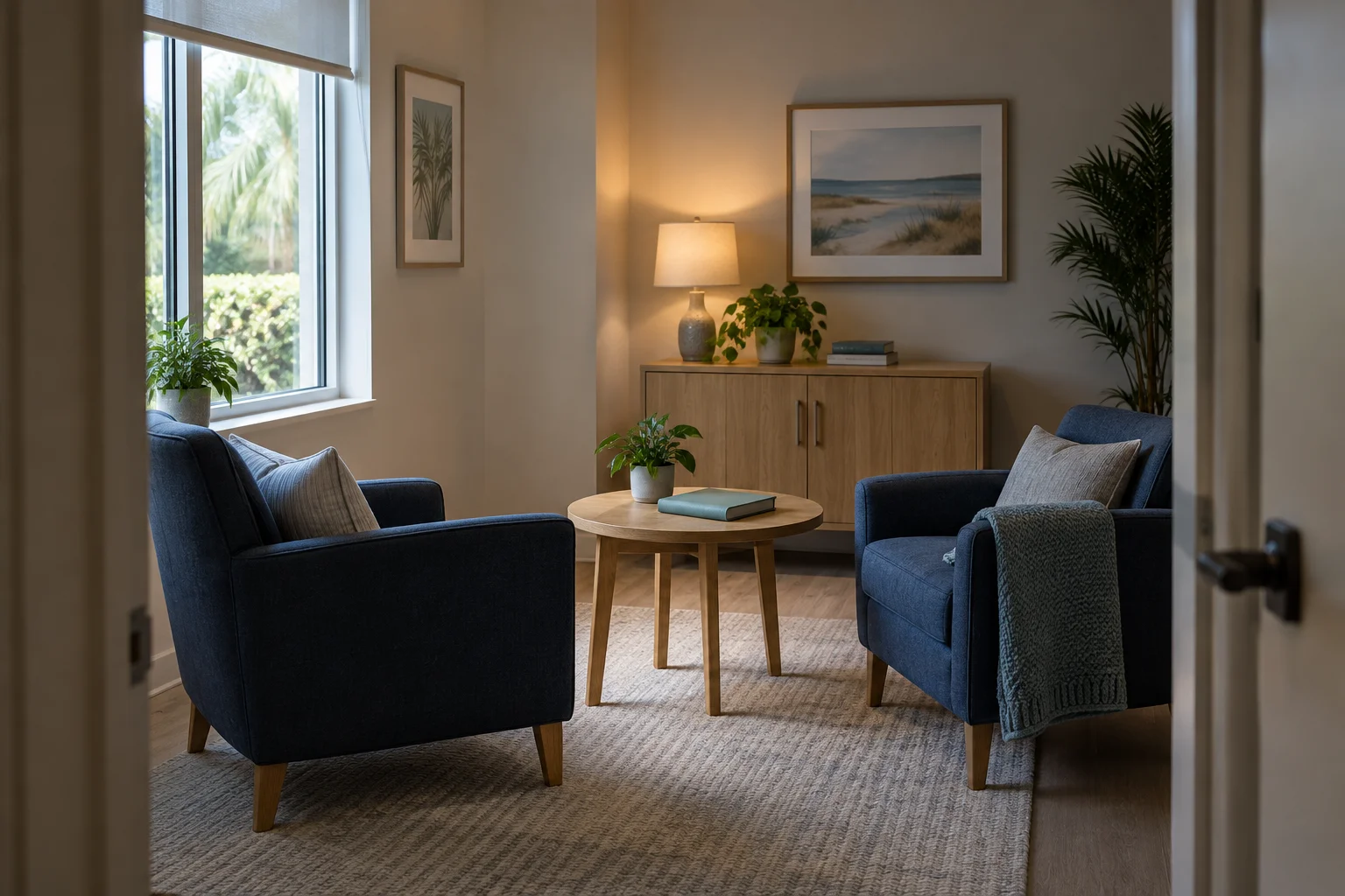 Quiet sitting room with two blue armchairs and a small round table