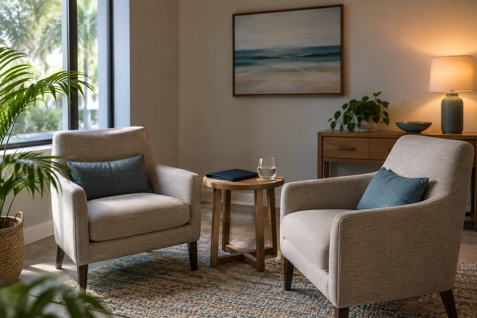 Two upholstered armchairs face a small table in a warmly lit room.