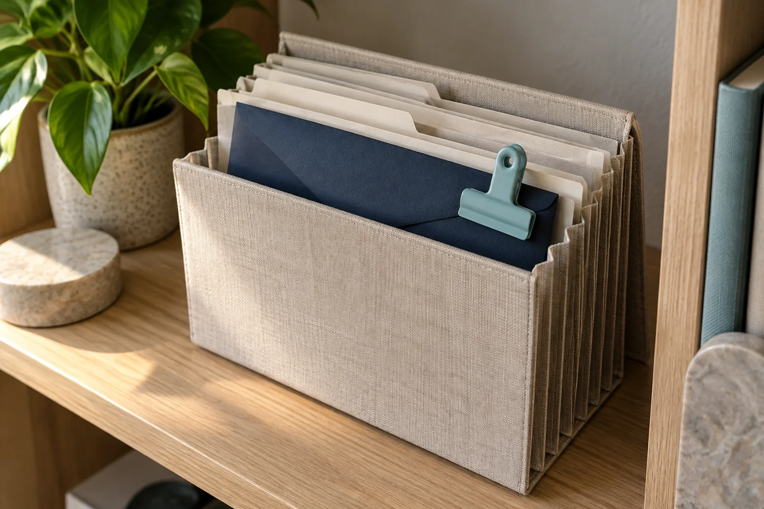 Folders and papers arranged in a fabric file organizer on a wooden shelf.