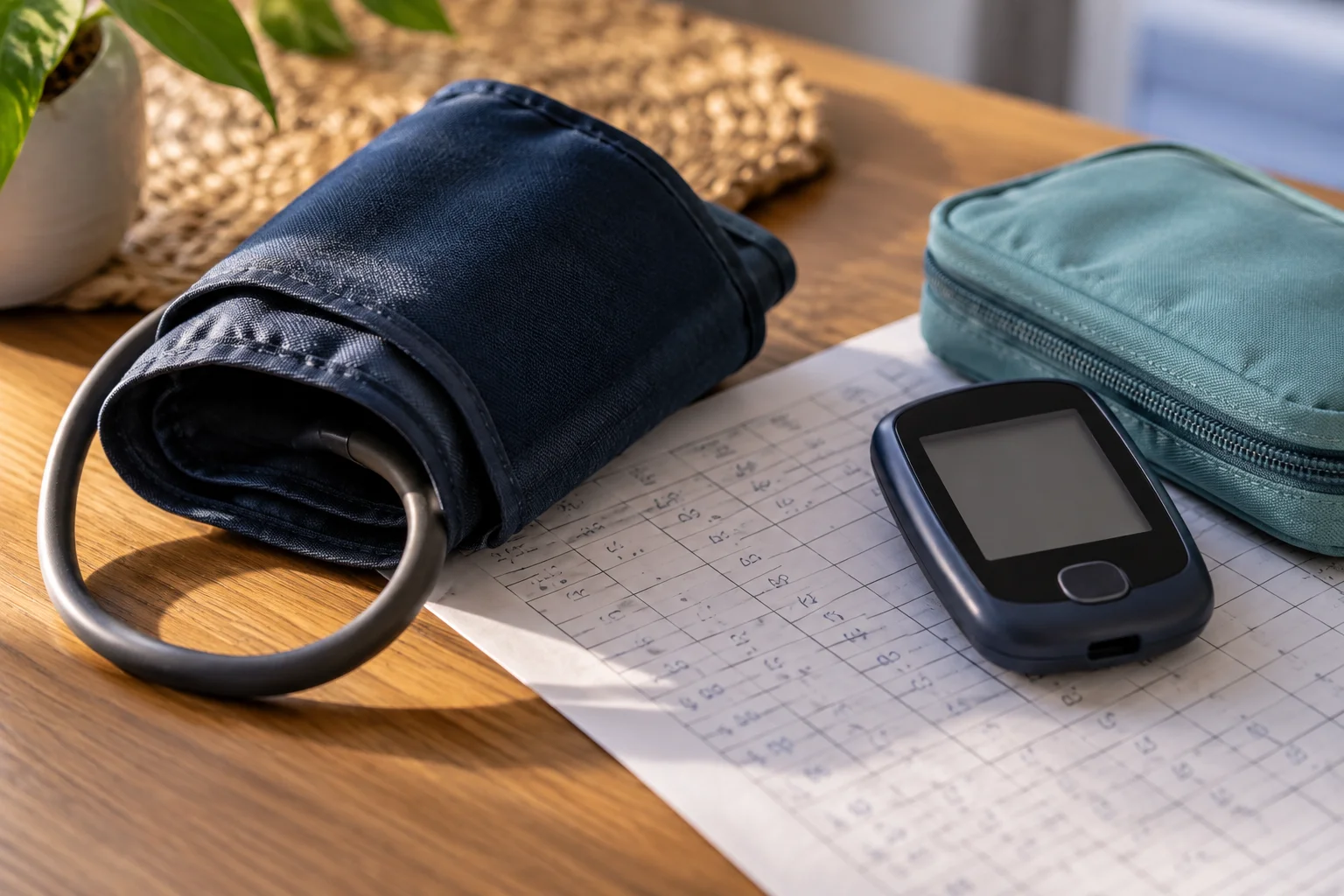Blood pressure cuff and digital meter resting on a handwritten tracking sheet beside a zippered case.