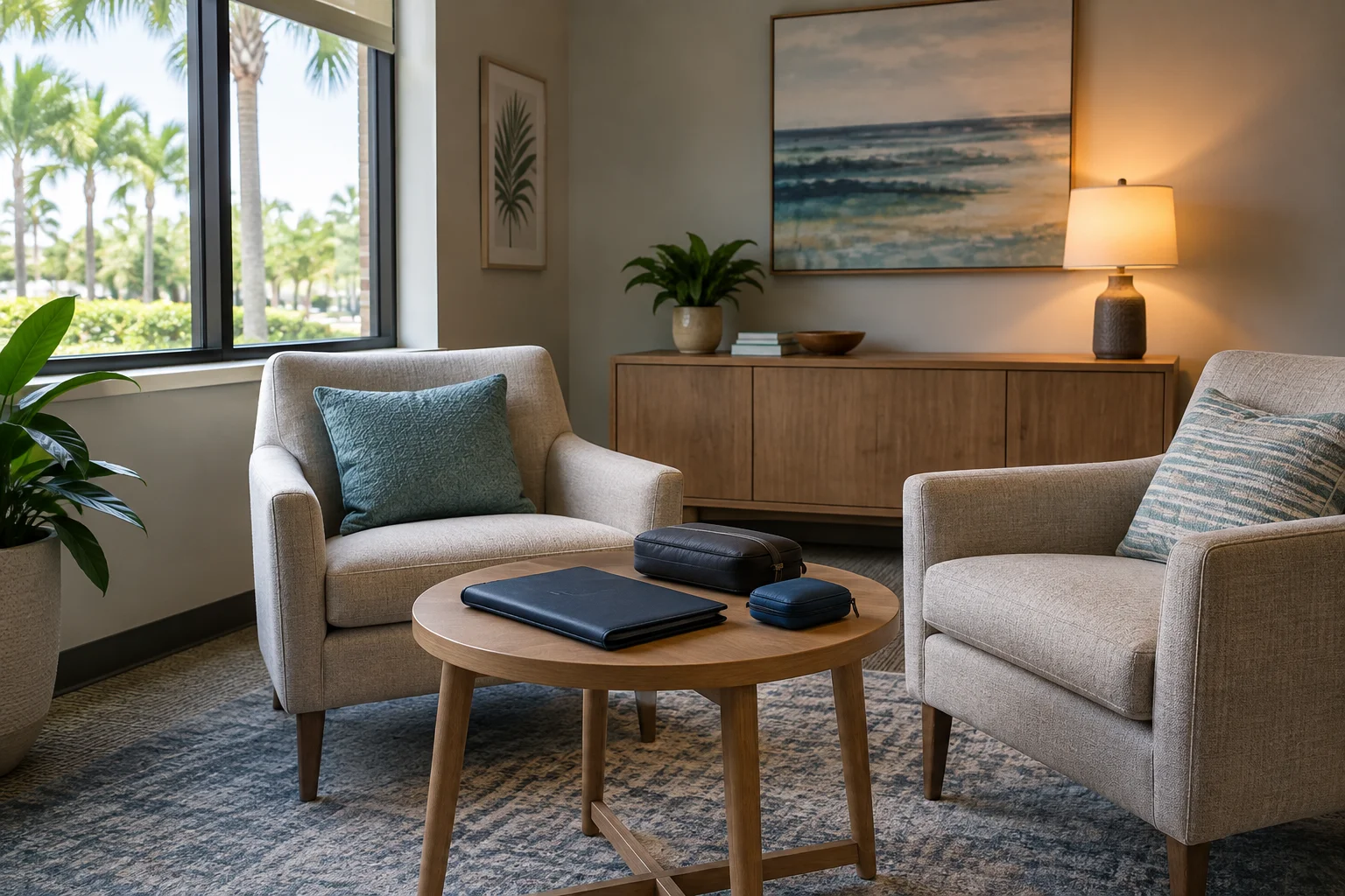 Two armchairs facing a coffee table with a notebook and small zippered cases.