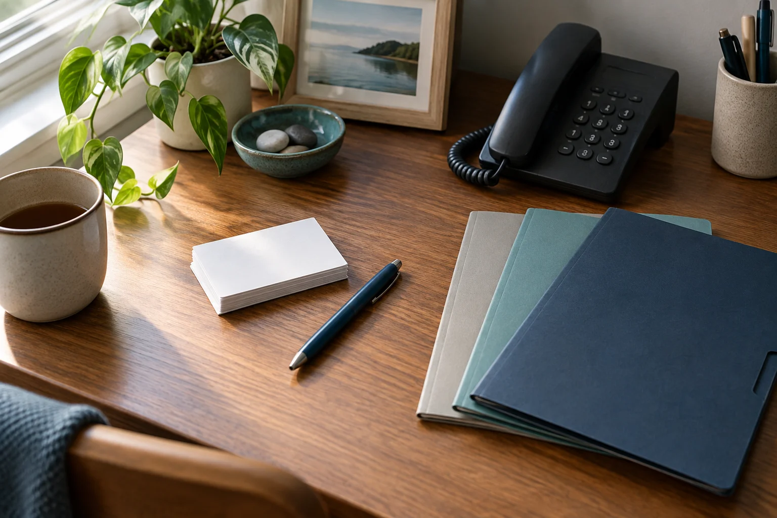 Sunlit desk with a telephone, folders, blank note cards, pen, mug, and potted plant.
