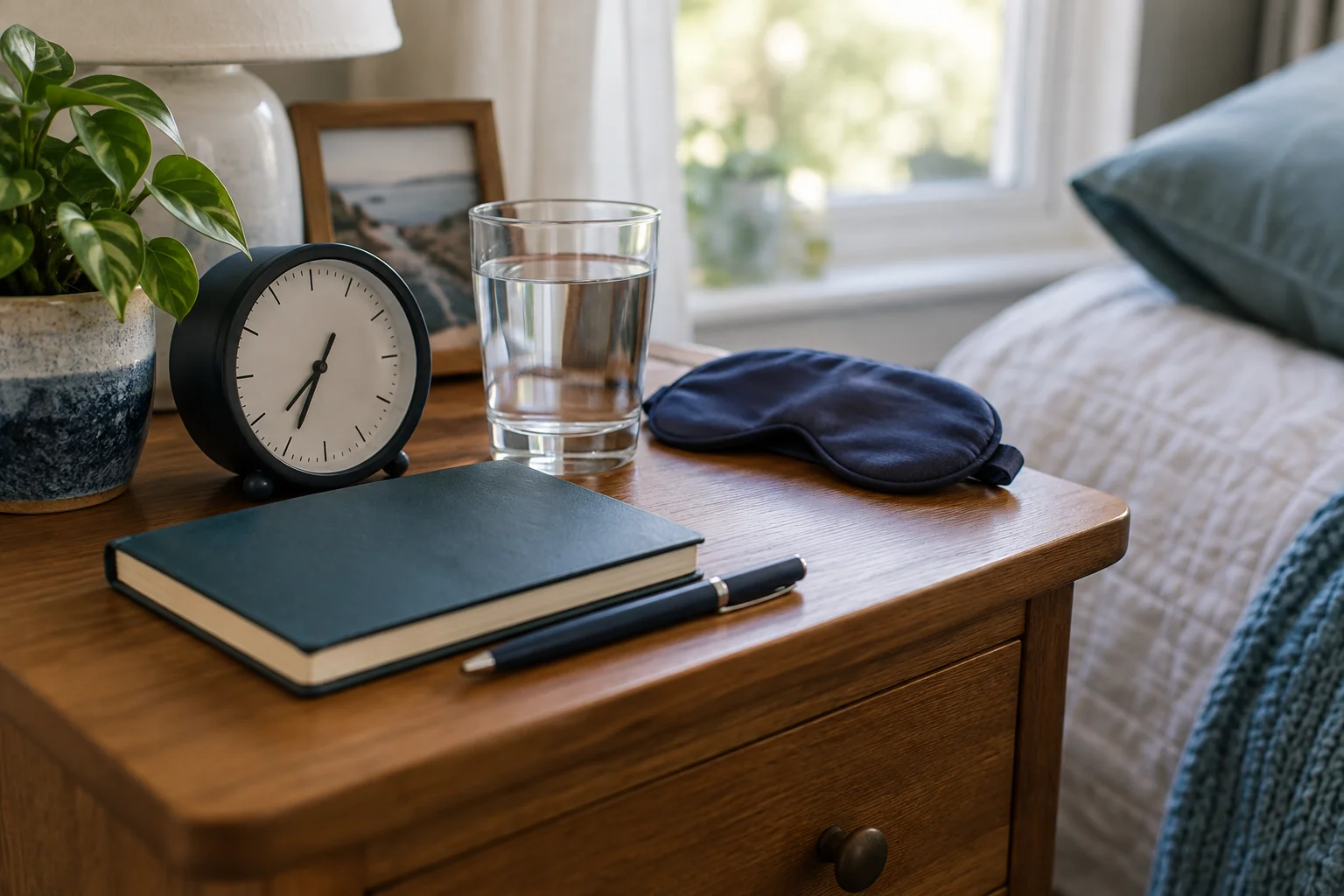 Bedside table with an alarm clock, glass of water, sleep mask, notebook, and pen.